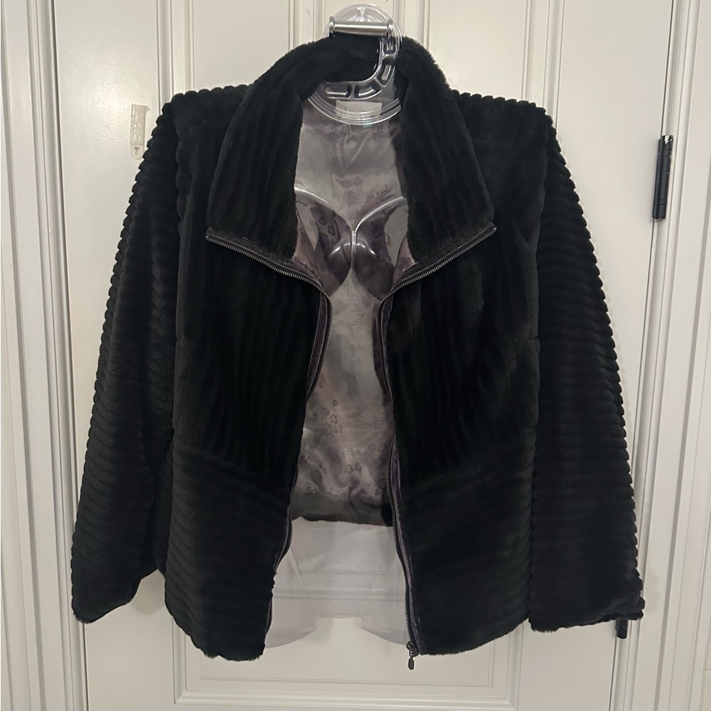 Beautiful gray navy faux fur jacket